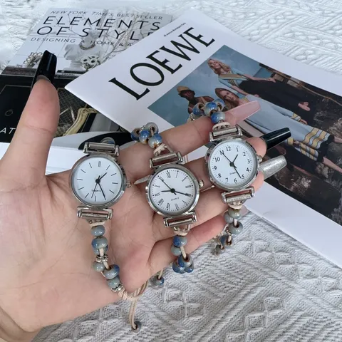 Damen Kleine Zifferblatt Quarz Uhr Vintage Perlen Geflochtene Kordel Armband Lässige Armbanduhr
