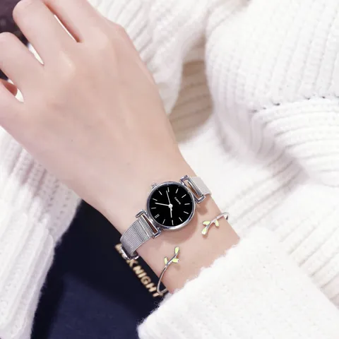 Minimalistisch Damen Quarzsuhr Edelstahl Mesh-Armband Rundes Zifferblatt Lässig Mode Armbanduhr Für Damen