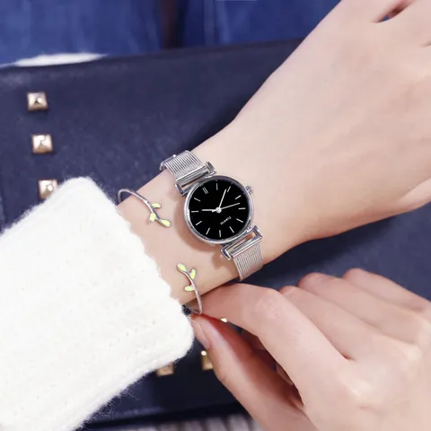 Minimalistisch Damen Quarzsuhr Edelstahl Mesh-Armband Rundes Zifferblatt Lässig Mode Armbanduhr Für Damen