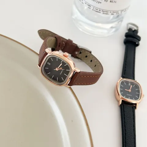 Minimal Square Quartz Watch For Women Retro Fashion Small Dial PU Leather Strap Casual Wristwatch Elegant Jewelry Gift