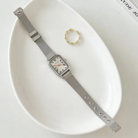 Damen Rechteckige Quarzuhr Römische Ziffern Legierungsgehäuse Edelstahlarmband Mode Lässige Armbanduhr