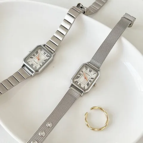 Damen Rechteckige Quarzuhr Römische Ziffern Legierungsgehäuse Edelstahlarmband Mode Lässige Armbanduhr