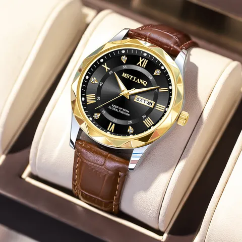 Luxus Business Quarzuhr Für Herren Wasserdicht Leuchtend Kalender Datum Römische Ziffern Zifferblatt Lederarmband Herren Armbanduhr