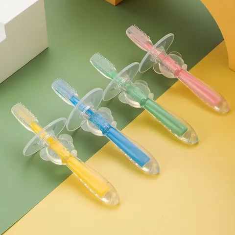 Baby Training Silicone Toothbrush Infant Oral Care Soft Bristle Toothbrush With Anti-Choking Shield Cute Bear Design