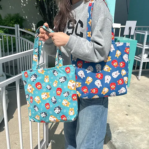 Japanese Style Shiba Inu Print Canvas Lunch Bag For Women Students Portable Handheld Bento Bag Reusable Storage Tote Bag