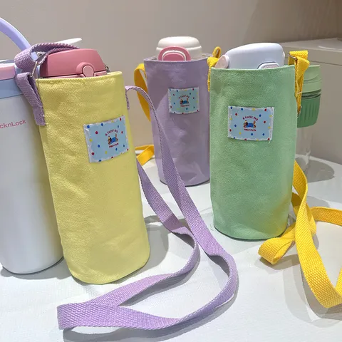 Sac pour Bouteille d'Eau en Toile à la Mode pour Femmes Sac à Bandoulière Décontracté avec Sangle Réglable Sac Porte-Gobelet Couleur Unie