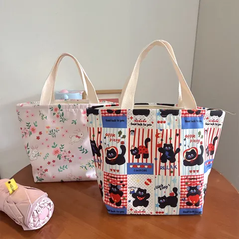 Casual Cartoon Waterproof Lunch Bag Composite Fabric Large Capacity Tote Handbag For Students Office Commuting Cute Print Meal Bag