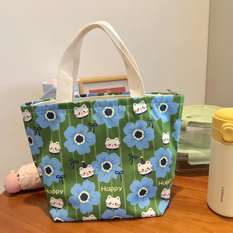 Linda Bolsa de Almuerzo Con Estampado de Gato de Dibujos Animados Gran Capacidad Impermeable Tela Compuesta Portátil Bento Bolsa Con Cremallera para Trabajo Escuela