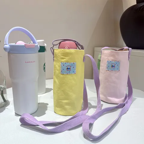 Sac pour Bouteille d'Eau en Toile à la Mode pour Femmes Sac à Bandoulière Décontracté avec Sangle Réglable Sac Porte-Gobelet Couleur Unie