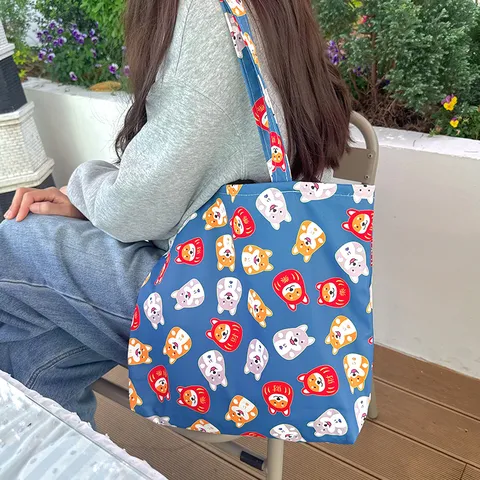 Japanese Style Shiba Inu Print Canvas Lunch Bag For Women Students Portable Handheld Bento Bag Reusable Storage Tote Bag