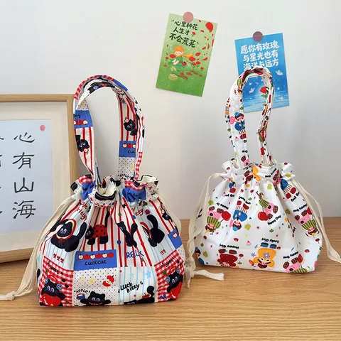 Ins Style Plaid Black Cat Pattern Waterproof Canvas Handbag Large Capacity Lunch Bag For Students Women Portable Drawstring Bag