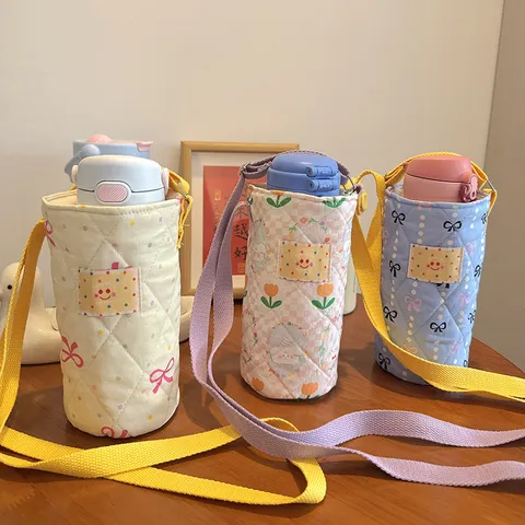 Borsa Porta Bottiglia d'Acqua Portatile in Tela a Tracolla Con Fiore Cartone Animato Custodia Protettiva per Tazza Termica per Bambini Viaggio