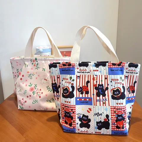 Casual Cartoon Waterproof Lunch Bag Composite Fabric Large Capacity Tote Handbag For Students Office Commuting Cute Print Meal Bag