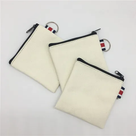 DIY Blank Canvas Coin Purse Small Zip Pouch With Metal D-Ring Contrast Stripe Hand Painted Portable Storage Bag For Daily Use