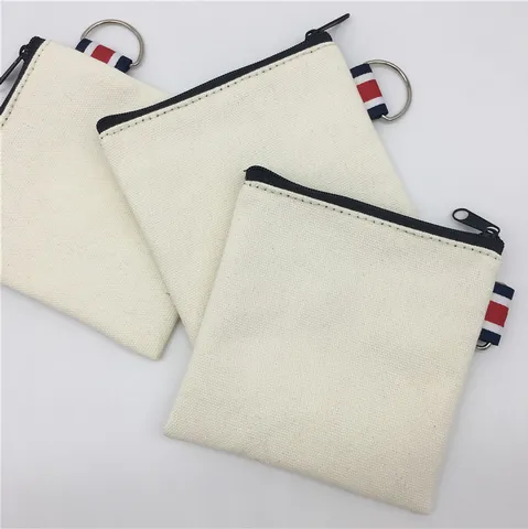 DIY Blank Canvas Coin Purse Small Zip Pouch With Metal D-Ring Contrast Stripe Hand Painted Portable Storage Bag For Daily Use