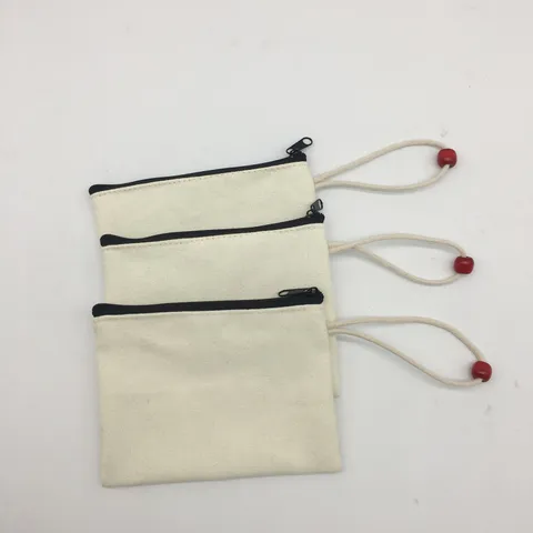 DIY Blank Canvas Pencil Case Minimalist Solid Color Hand-painted Coin Purse Cotton Fabric Storage Bag With Red Bead Zip