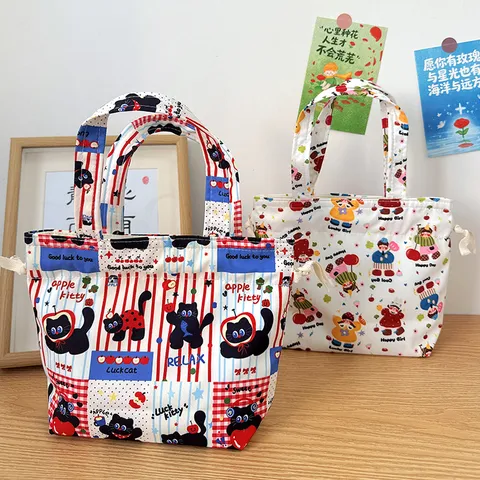 Ins Style Plaid Black Cat Pattern Waterproof Canvas Handbag Large Capacity Lunch Bag For Students Women Portable Drawstring Bag