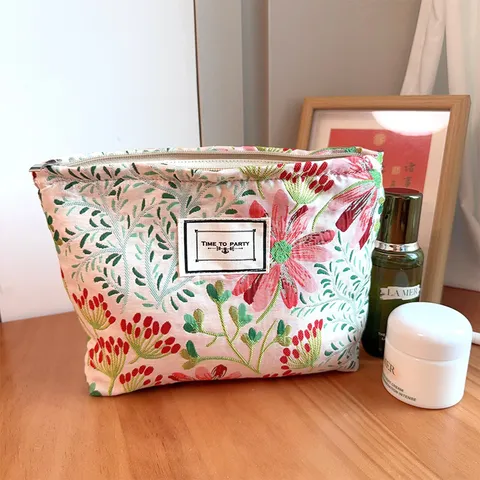 Ins Style Frische Floral Print Canvas Kosmetiktasche Große Kapazität Tragbare Make-up Aufbewahrungstasche Reise Toilettenartikel Tasche