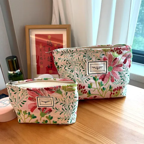 Corduroy Cosmos Flower Embroidered Cosmetic Bag Portable Travel Makeup Organizer Zipper Storage Pouch Clutch For Women