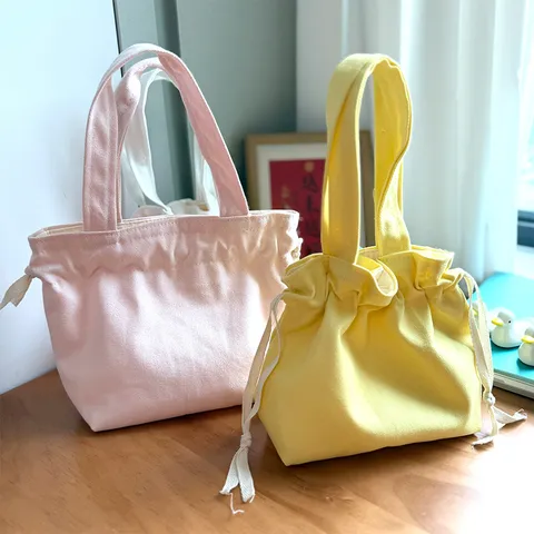Japanese Style Canvas Drawstring Lunch Bag Fresh Solid Color Handheld Bento Bag Portable Large Capacity Reusable Storage Tote Bag