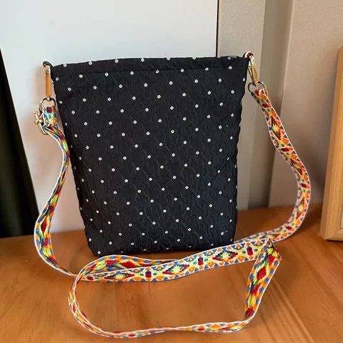 Women Black Polka Dot Canvas Crossbody Bag Urban Commuter Small Square Bag With Ethnic Style Contrast Color Woven Strap