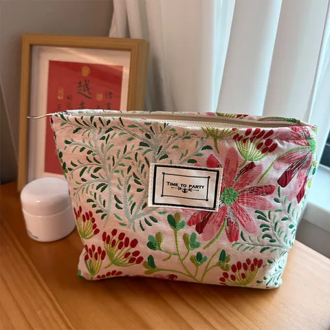 Ins Style Frische Floral Print Canvas Kosmetiktasche Große Kapazität Tragbare Make-up Aufbewahrungstasche Reise Toilettenartikel Tasche