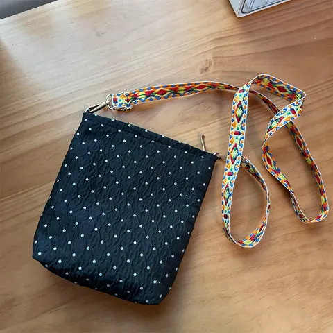 Women Black Polka Dot Canvas Crossbody Bag Urban Commuter Small Square Bag With Ethnic Style Contrast Color Woven Strap