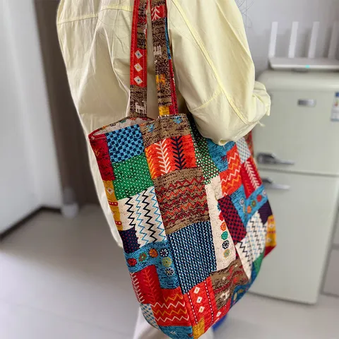 Bohemian Extra Große Segeltuch Tragetasche Damen Farbblock Patchwork Geometrische Blumen Umhängetasche Handtasche