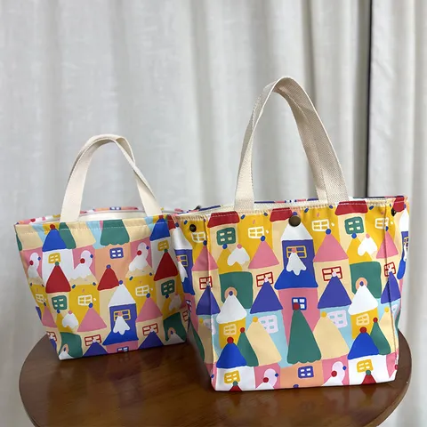 Bolsa de Almuerzo de Lona con Estampado Floral Estilo Japonés Bolsa Bento Portátil Para Oficina Escuela Mujer Bolso