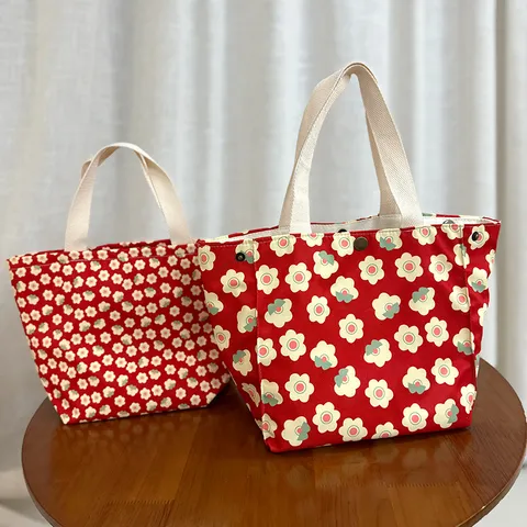 Cartoon Floral Canvas Lunch Bag Portable Handbag With Zipper Button Closure Cute Student Lunch Box Tote Bag Shopping Handbag For Daily Use