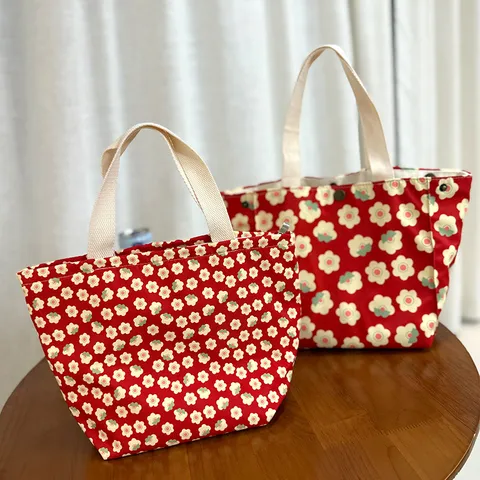 Cartoon Floral Canvas Lunch Bag Portable Handbag With Zipper Button Closure Cute Student Lunch Box Tote Bag Shopping Handbag For Daily Use