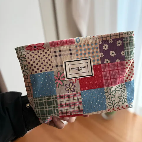 Vintage Patchwork Plaid Floral Canvas Cosmetic Bag Large Capacity Portable Travel Toiletry Makeup Storage Bag For Women