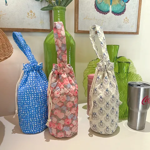 Borsa per Borraccia Portatile in Tela Trapuntata Stampata Grande Capacità Custodia per Tazza Termica Portatile Con Chiusura a Coulisse Per Donna Viaggio All'aperto