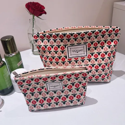 Vintage Floral Canvas Kosmetiktasche Klein Und Groß Tragbare Make-Up Organizer Tasche Damen Reise Kulturbeutel Waschhandtasche Tulpe Muster Geometrische Aufbewahrungstasche