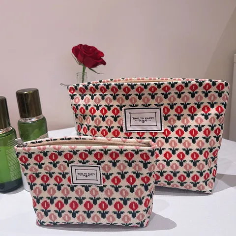 Vintage Floral Canvas Kosmetiktasche Klein Und Groß Tragbare Make-Up Organizer Tasche Damen Reise Kulturbeutel Waschhandtasche Tulpe Muster Geometrische Aufbewahrungstasche