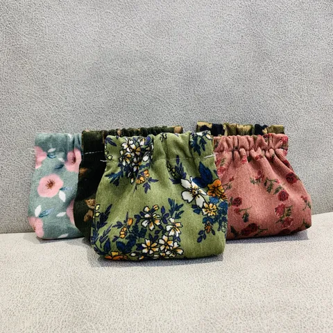 Mini Porte Monnaie en Velours Côtelé Vintage Imprimé Floral Sac de Rangement Rouge à Lèvres Portable Pochette Clés Cartes Mixte