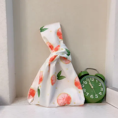 Japanische Stoff Handgelenktasche Mit Blumen Früchte Print Für Damen Kleine Tragbare Handtasche Baumwolle Stoffbeutel