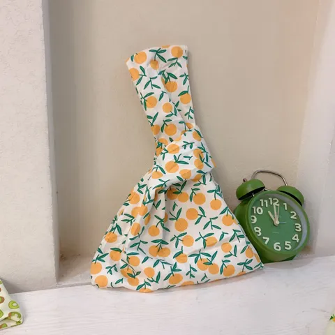Japanische Stoff Handgelenktasche Mit Blumen Früchte Print Für Damen Kleine Tragbare Handtasche Baumwolle Stoffbeutel