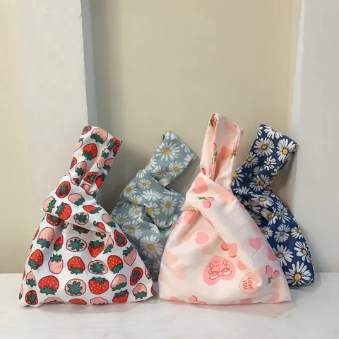 Bolso de Muñeca de Algodón con Estampado Floral de Estilo Japonés Mujer Fresco Dulce Nudo Bolso de Mano Pequeño Estuche de Teléfono Monedero