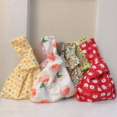 Japanischer Stil Baumwolle Knoten Handgelenktasche Blumen Frucht Druck Handtasche Mini Tote Handy Tasche Münzbörse Für Damen