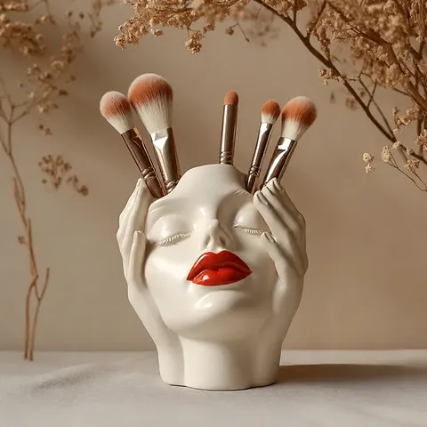 Resin Human Face Makeup Brush Holder Boho Feminist Style Desk Organizer Pen Pot Decorative Flower Pot for Office Home Decor