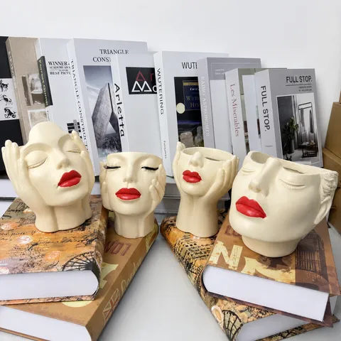 Resin Human Face Makeup Brush Holder Boho Feminist Style Desk Organizer Pen Pot Decorative Flower Pot for Office Home Decor