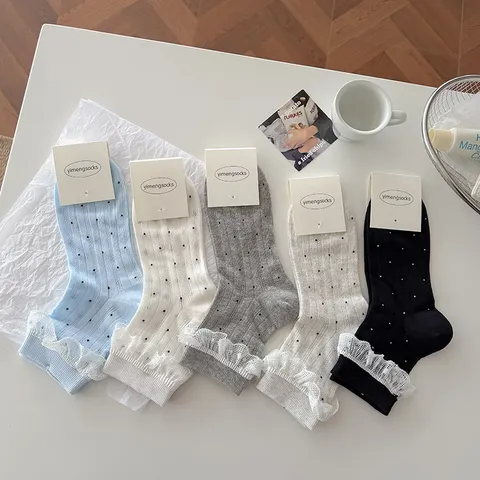 Women's Japanese Style Cute Polka Dot Short Crew Socks Breathable Mesh Hollow Out Lace Ruffle Cotton Socks
