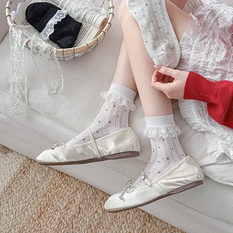 Women's Japanese Style Cute Polka Dot Short Crew Socks Breathable Mesh Hollow Out Lace Ruffle Cotton Socks