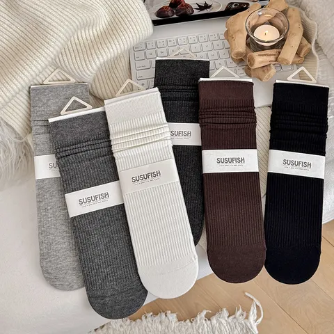 Damen Baumwollmischung Gerippte Wadenhohe Socken Einfarbig Japanisch Koreanisch Slouch Crew Socken Atmungsaktiv Herbst Strumpfwaren