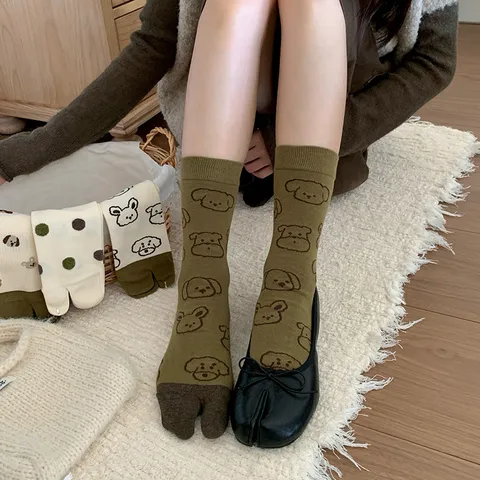 Women's Cute Cartoon Dog Tabi Socks Cream Polka Dot Striped Bow Crew Split Toe Socks Cotton Breathable Kawaii Fashion Crew Socks