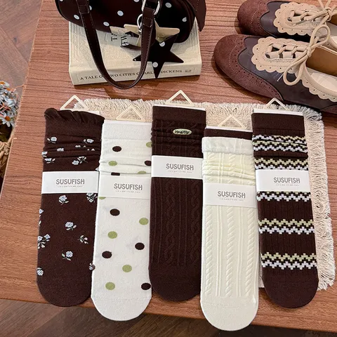 Donne Giapponese Vintage Floreale Pois Ricamato Lettera Calze Slouch Casual Al Polpaccio Misto Cotone Calze