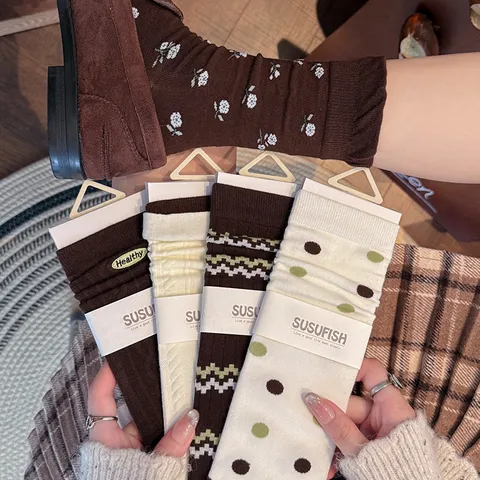 Donne Giapponese Vintage Floreale Pois Ricamato Lettera Calze Slouch Casual Al Polpaccio Misto Cotone Calze