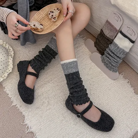 Women Winter Warm Knitted Leg Warmers Contrast Color Wide Stripe Lettuce Edge Wool Blend Slouch Socks Fashion Accessories