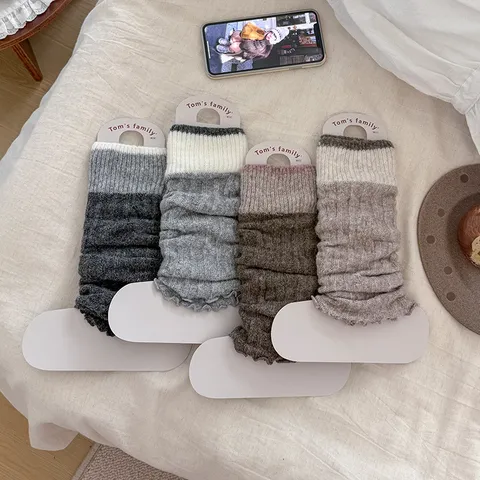 Women Winter Warm Knitted Leg Warmers Contrast Color Wide Stripe Lettuce Edge Wool Blend Slouch Socks Fashion Accessories
